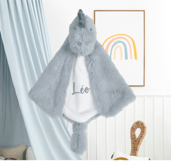 Doudou plat personnalisé Dinosaure bleu