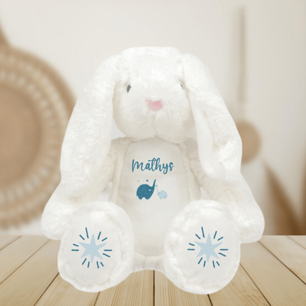 Peluche personnalisée lapin blanc éléphant bleu