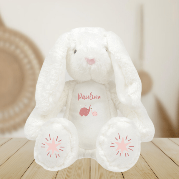 Peluche personnalisée lapin blanc éléphants rose