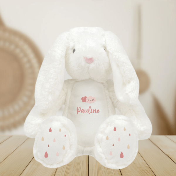 Peluche personnalisée lapin blanc nuages rose