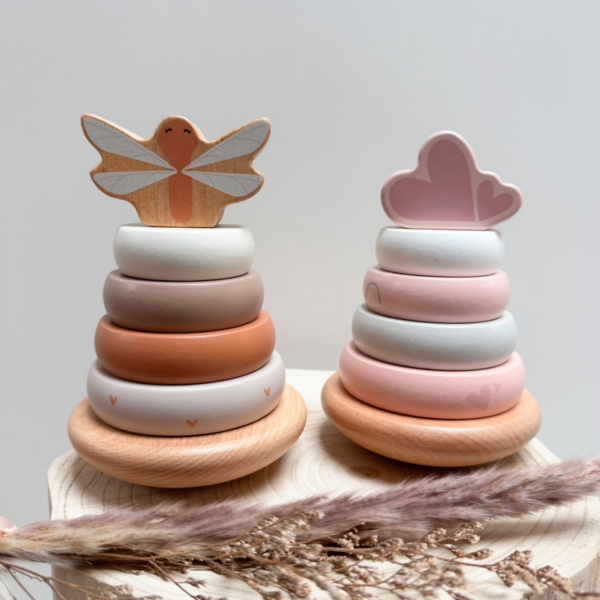 Tour/pyramide anneaux personnalisé prénom enfant en bois libellule – Image 2