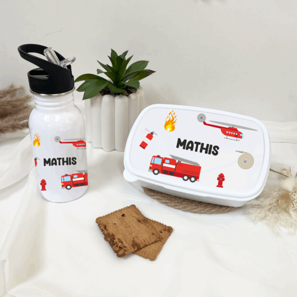 gourde personnalisé pompier et boîte à gouter enfant école, rentrée scolaire